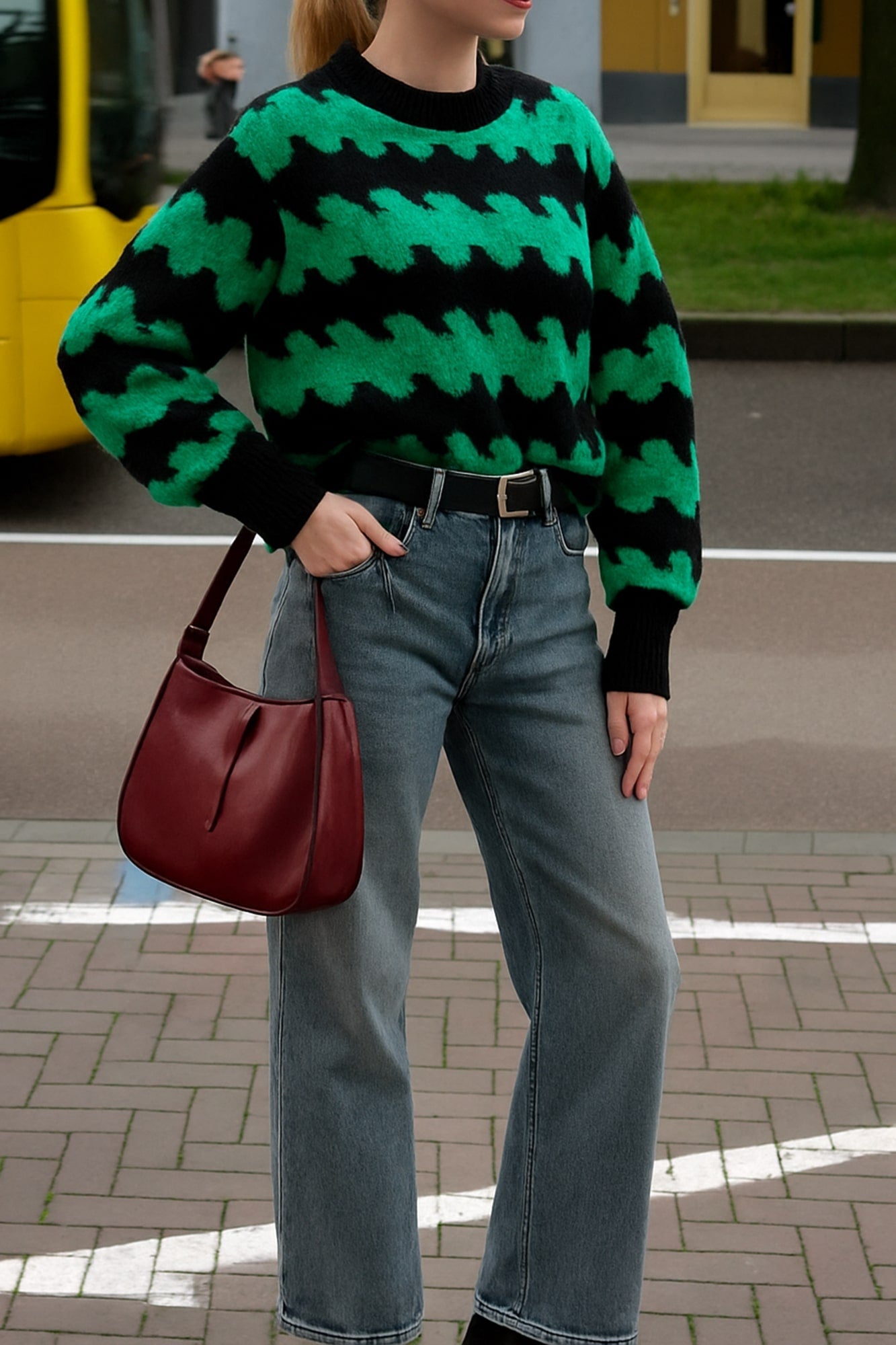 OVERSIZE BİSİKLET YAKA DESENLİ KAZAK