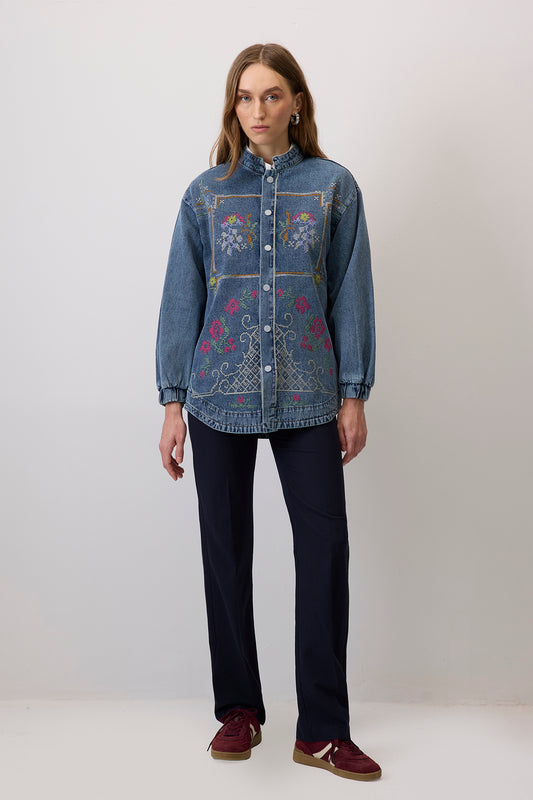 NAKIŞLI HAKİM YAKA DENIM CEKET
