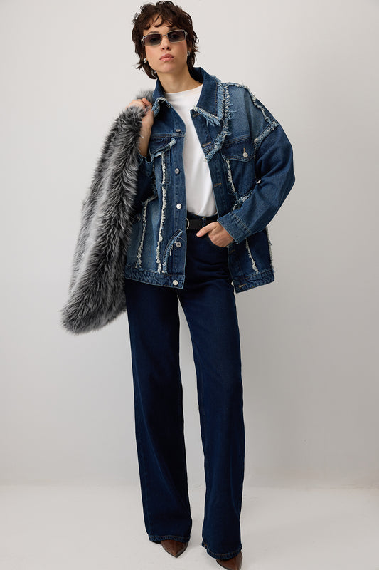 PÜSKÜLLÜ PARÇALI OVERSIZE DENIM CEKET