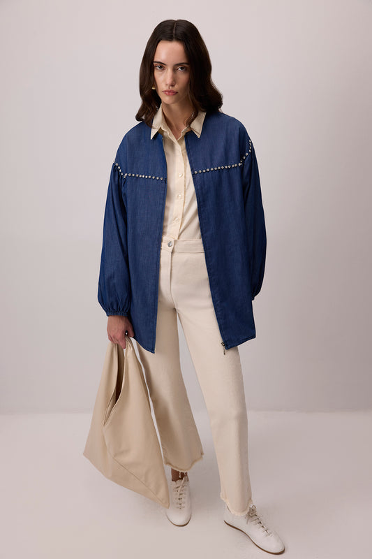 DENİM EFEKTLİ TAŞ İŞLEMELİ OVERSIZE CEKET