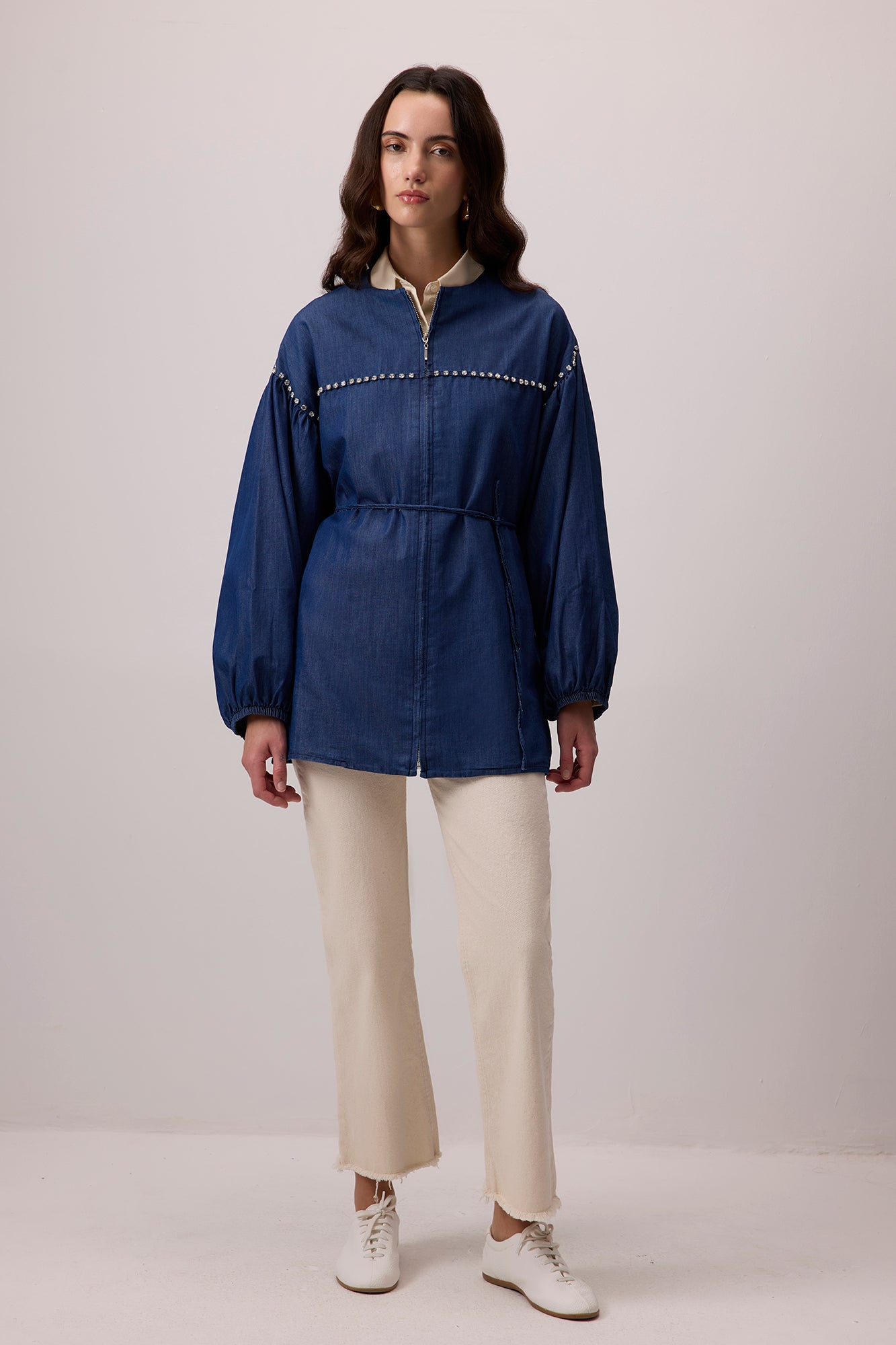 DENİM EFEKTLİ TAŞ İŞLEMELİ OVERSIZE CEKET
