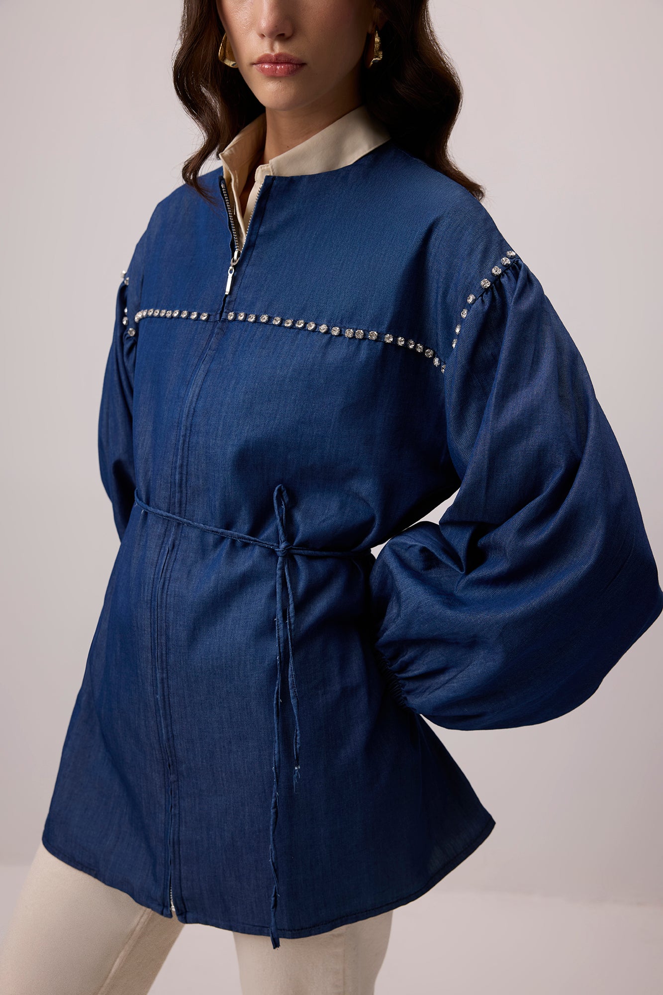 DENİM EFEKTLİ TAŞ İŞLEMELİ OVERSIZE CEKET