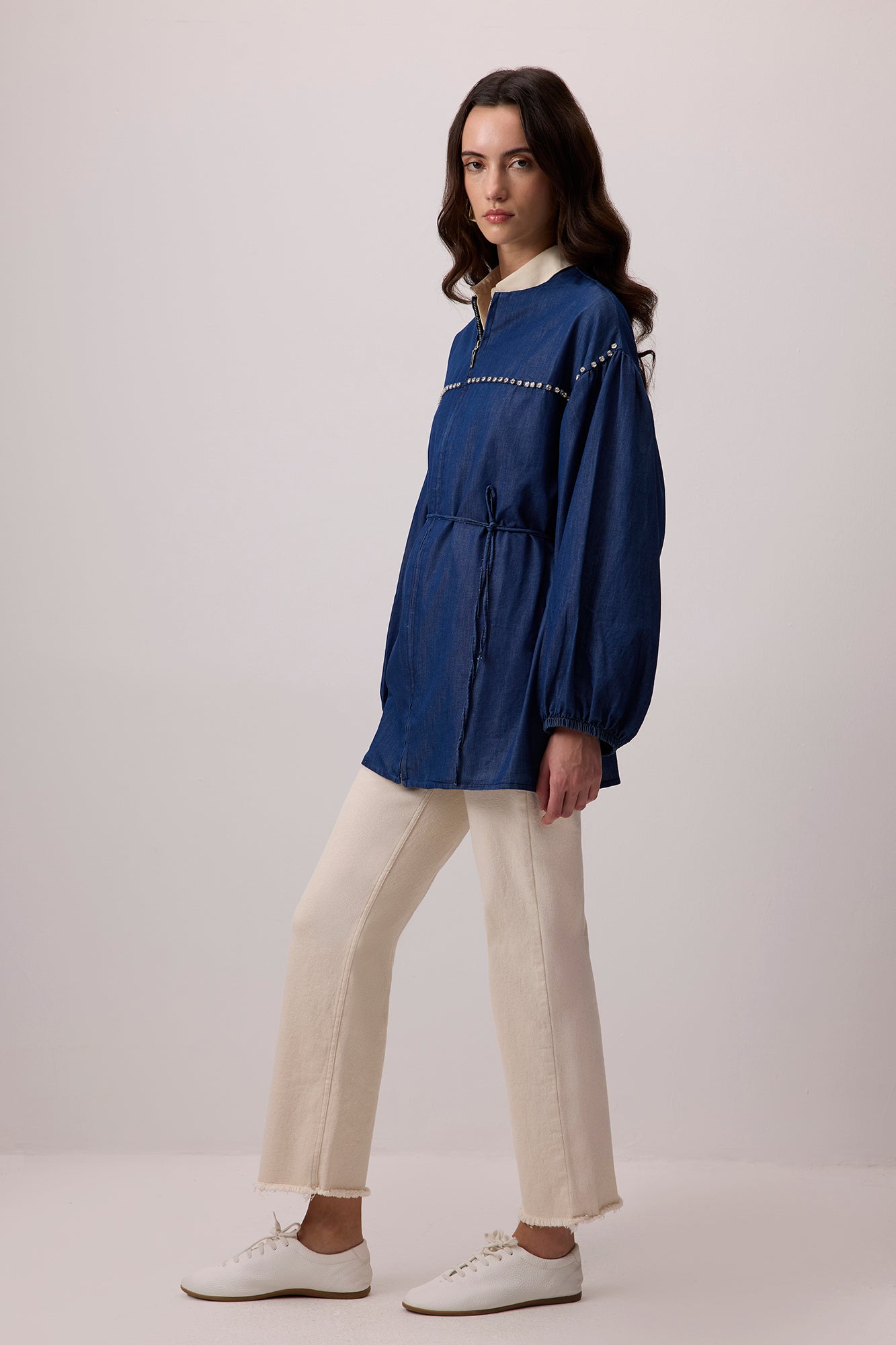 DENİM EFEKTLİ TAŞ İŞLEMELİ OVERSIZE CEKET