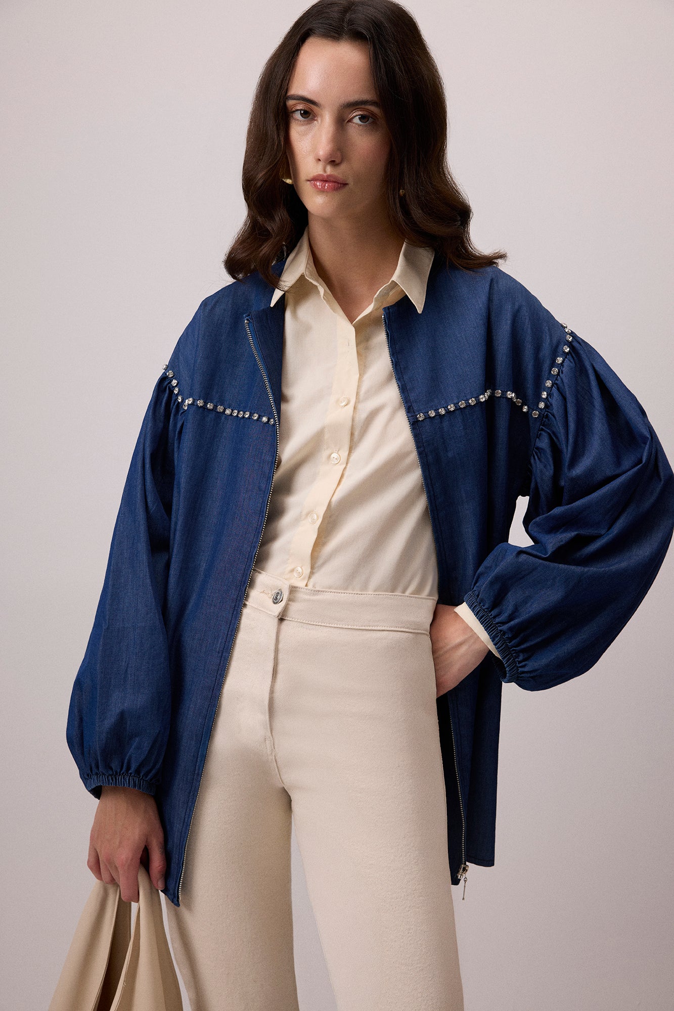 DENİM EFEKTLİ TAŞ İŞLEMELİ OVERSIZE CEKET